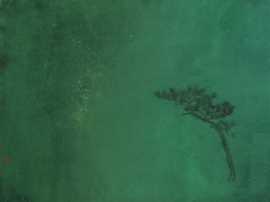 classical chinese ink and green painting of minimalist landscapes on exhibit