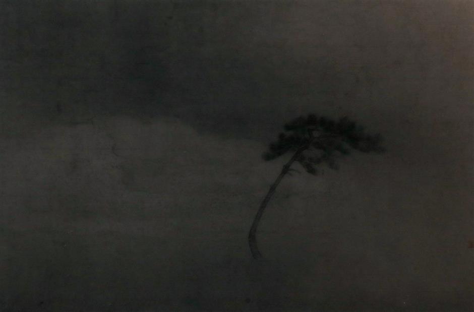 classical chinese ink and green painting of minimalist landscapes on exhibit